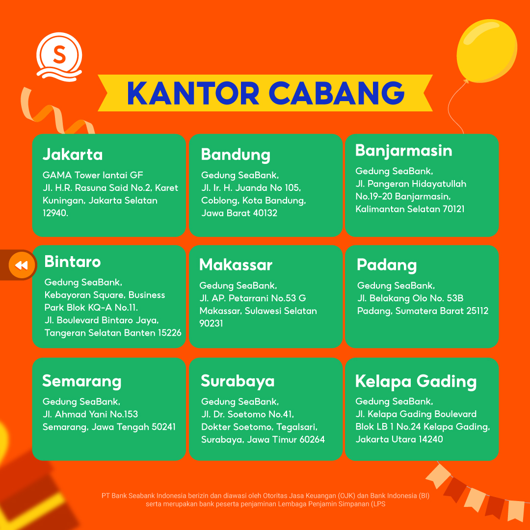 SeaBankID's tweet image. YUK SETOR &amp;amp; TARIK TUNAI DI KANTOR CABANG SEABANK!🤗

Mau ngingetin, sekarang SeaBank bisa SETOR &amp;amp; TARIK TUNAI di KANTOR CABANG SeaBank loh👍 Kalian udah pada tahu belum lokasinya di mana aja? 🤔 

Yuk CEK informasinya di bawah ini dan THREAD ini untuk memudahkan transaksimu! 🥰