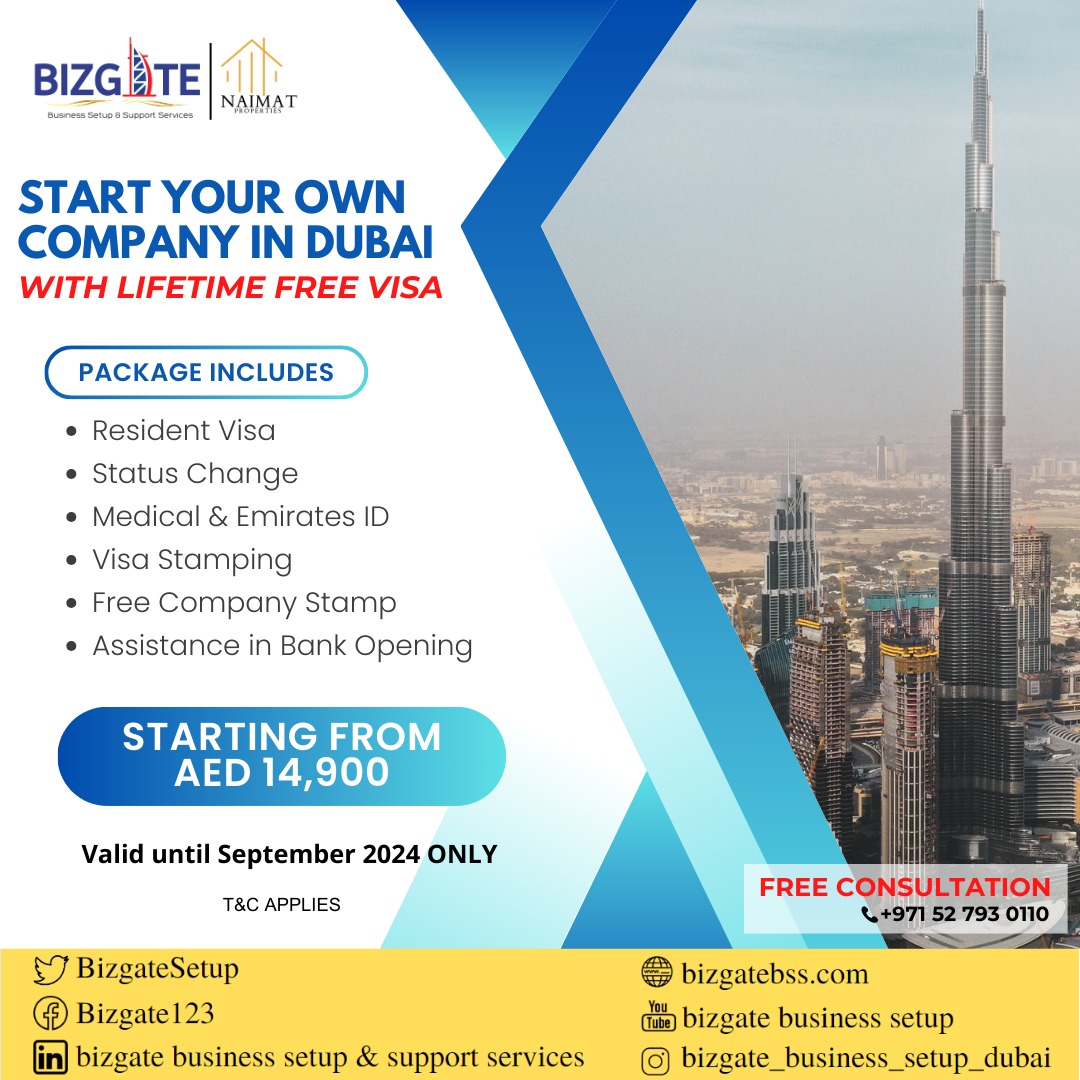 BizgateSetup's tweet image. START YOUR OWN COMPANY IN DUBAI
WITH LIFETIME FREE VISA
Package Includes:
Resident Visa
Status Change
Medical &amp;amp; Emirates ID
Visa Stamping
Free Company Stamp
Assistance in Bank Opening
Starting From AED 14,900
Valid until September 2024 ONLY
T&amp;amp;C Applies
#startup #business #Dubai