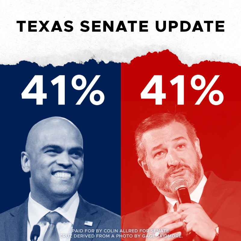 ColinAllredTX's tweet photo. BREAKING: Texas is officially Democrats' BEST pickup opportunity, with polls showing Colin Allred and Ted Cruz statistically TIED. 

Colin's ready to be the leader Texans deserve in the Senate: Will you chip in now to help him send Ted Cruz packing and keep the Senate blue?