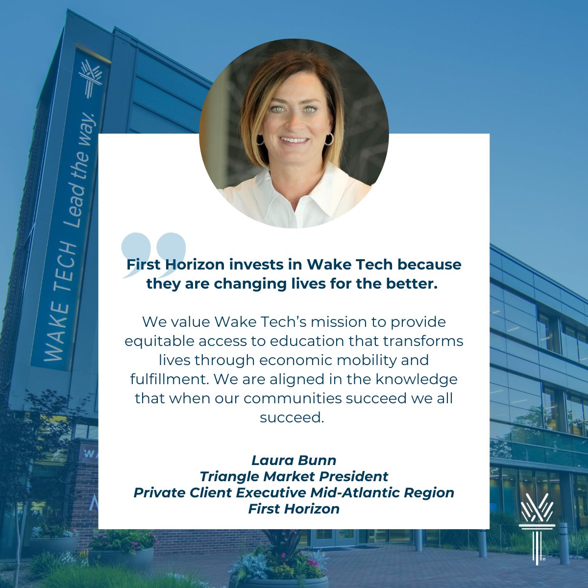 Wake Tech Foundation (@wtccfoundation) on Twitter photo We couldn't do what we do without #WakeTech advocates!
Meet Laura Bunn! Laura is the Triangle Market President at <a href="/FirstHorizonBnk/">First Horizon Bank</a>. Thank you for being a champion for <a href="/waketechcc/">Wake Tech</a>, <a href="/wtccstudents/">Wake Tech Students</a>, and the community! We couldn't do what we do without #WakeTech advocates!
Meet Laura Bunn! Laura is the Triangle Market President at <a href="/FirstHorizonBnk/">First Horizon Bank</a>. Thank you for being a champion for <a href="/waketechcc/">Wake Tech</a>, <a href="/wtccstudents/">Wake Tech Students</a>, and the community!