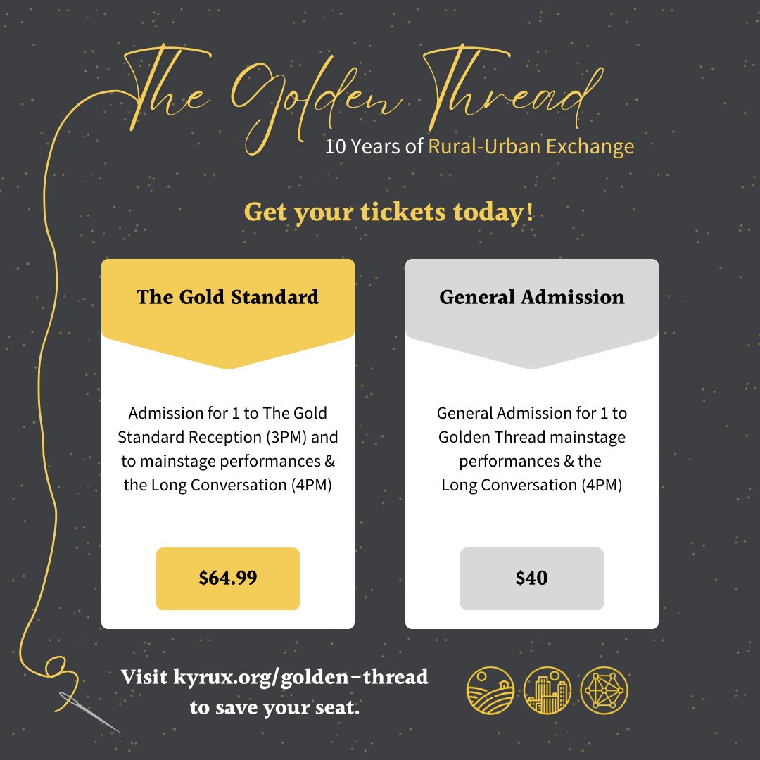 Celebrate 10 years of the Kentucky Rural-Urban Exchange (RUX) at The Golden Thread!  Join us Saturday, October 19, 3-6pm at The Kentucky Center (<a href="/KyCtrArts/">The Kentucky Center</a>) in Louisville. Tickets are on sale now - save your seat today! kyrux.org/golden-thread #KYRUX2024 #RUXat10