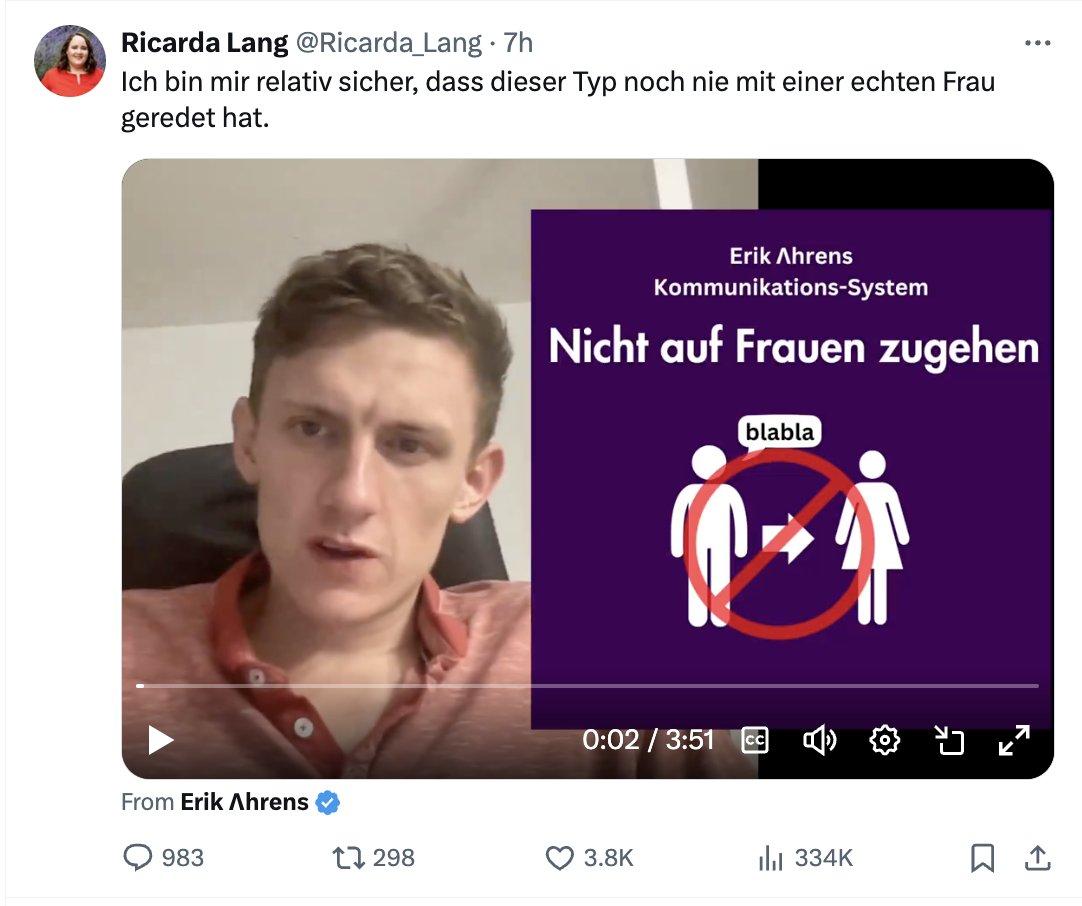 Alleine bei <a href="/Ricarda_Lang/">Ricarda Lang</a> hat mein Video über 300.000 Impressions bekommen, außerdem bei mir selbst und anderen Repostern noch einmal über Hunderttausend mehr. Das ist Reichweite, für die eine Werbeagentur min. 4-stellige Summen nimmt. Ahrens-Kommunikationssystem™ lohnt sich.