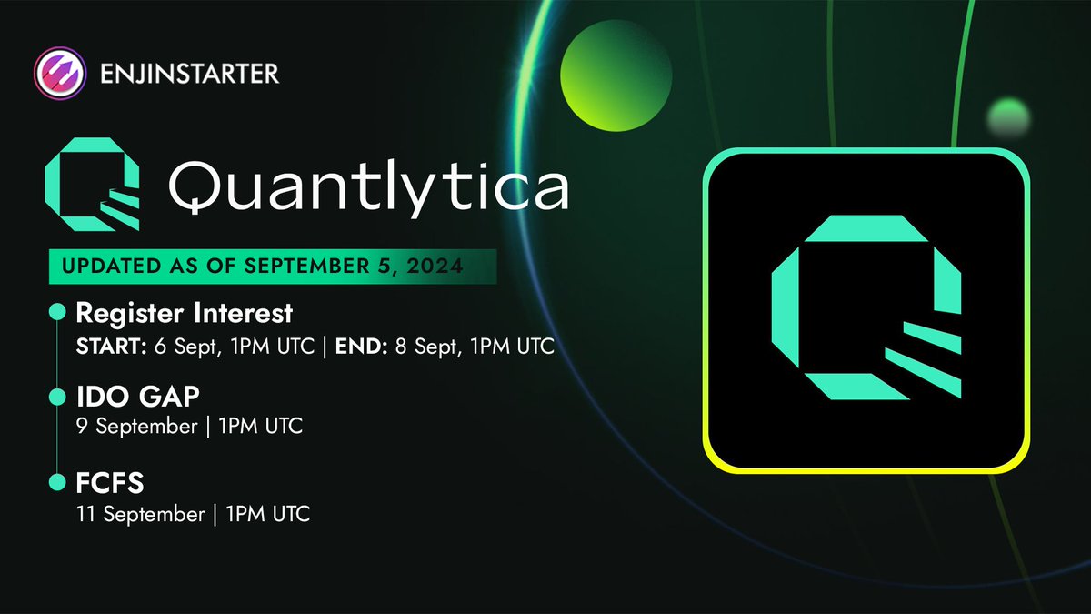 enjinstarter's tweet image. Updated timeline for @quantlytica IDO is as follows! 📅

Don’t miss out and stake your $EJS now 🪙

🚀 launchpad.enjinstarter.com