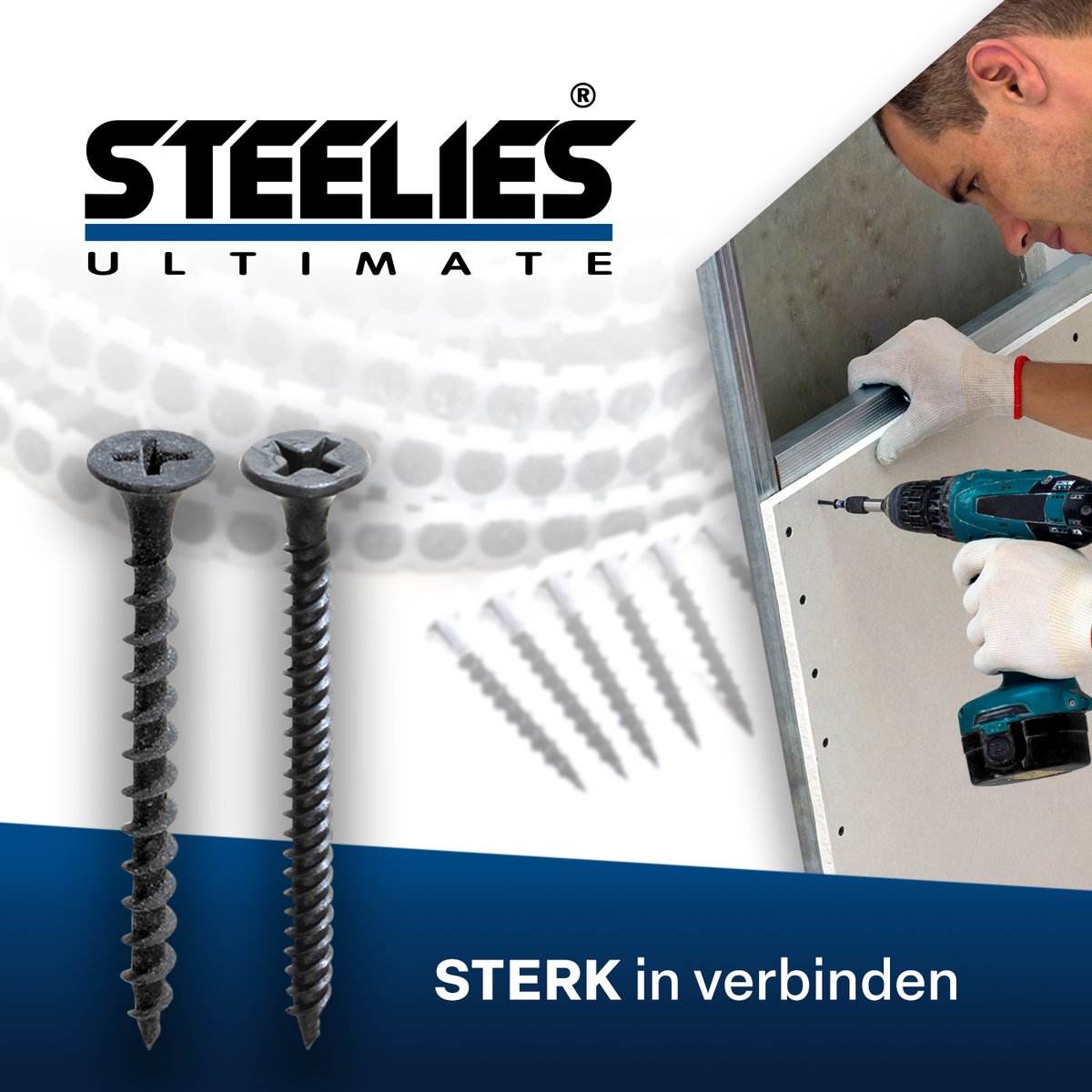 Steelies® Ultimate gipsplaatschroeven zijn grijs gefosfateerd. Hierdoor zijn ze minder belastend voor het milieu dan de zwart-gefosfateerde variant. De vlijmscherpe (boor)punt boort de schroef razendsnel en gemakkelijk door metal studs. Verkrijgbaar op band en in losverpakking.