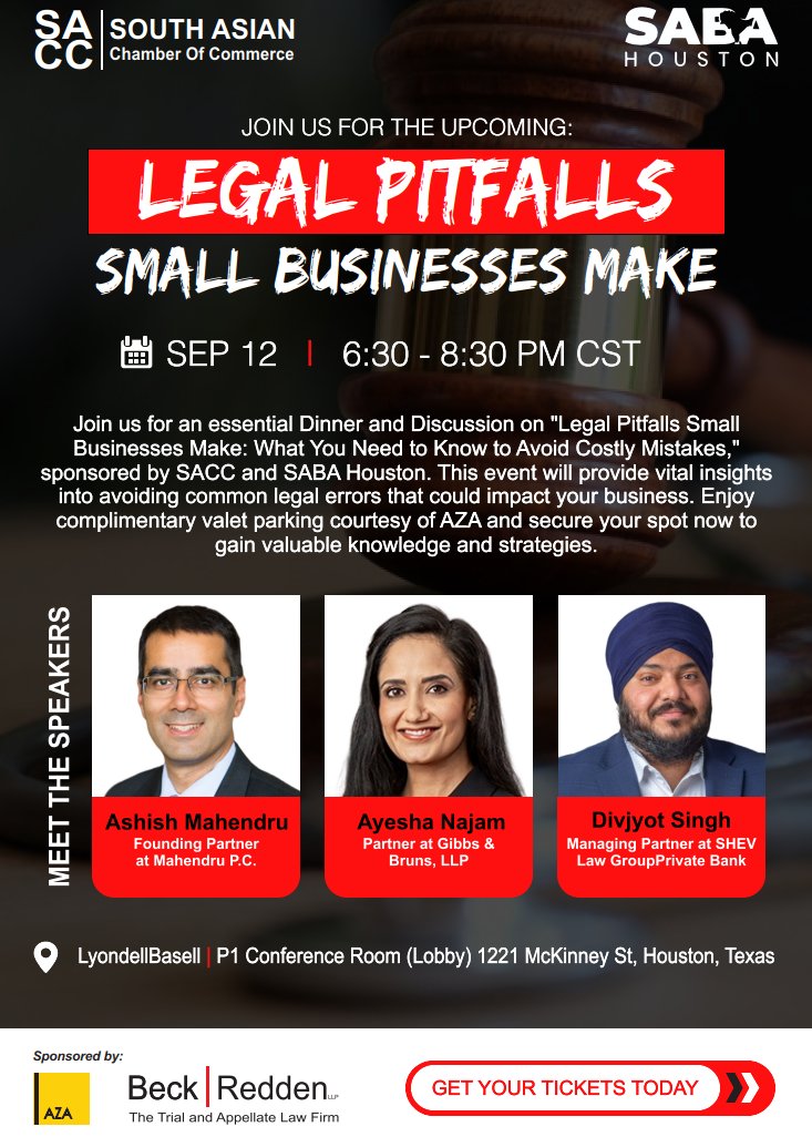 SABAHouston's tweet image. One week until dinner and discussion of Legal Pitfalls Small Businesses Make: What You Need to Know to Avoid Costly Mistakes with SABA Houston and the South Asian Chamber of Commerce. Space is limited, so grab tickets now: app.glueup.com/event/legal-pi…