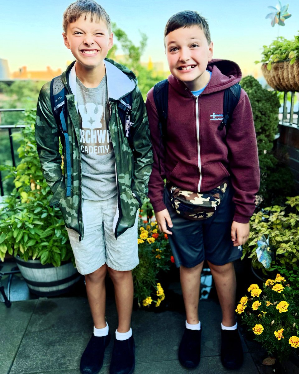 Two clowns on the terrace at dawn. 6th &amp; 8th. #backtoschool #firstday