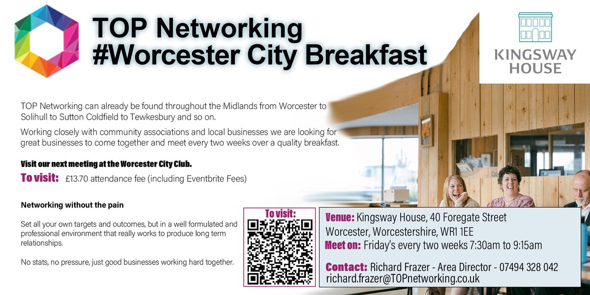 #Topnetworkingworcestershire A warm welcome awaits you at Kingsway House 40 Forgate Street Worcester WR1 1EE Starting at 7.30 am. You receive a Top Class Breakfast and have a chance to do a 60-second pitch of your business.