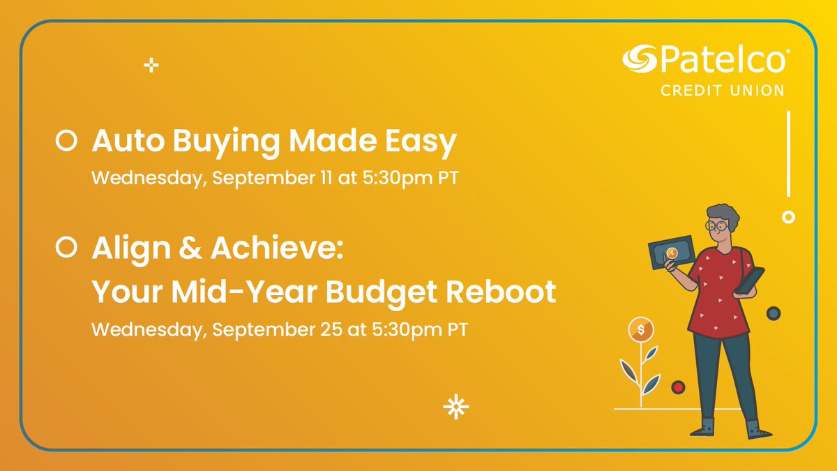 PatelcoPays's tweet image. If your #budget is feeling the pinch from summer splurges or back-to-school expenses and needs a mid-year reboot, or if your looking to purchase a car that fits your needs, style, and budget, be sure to attend our #freewebinars this month! RSVP for them today at…