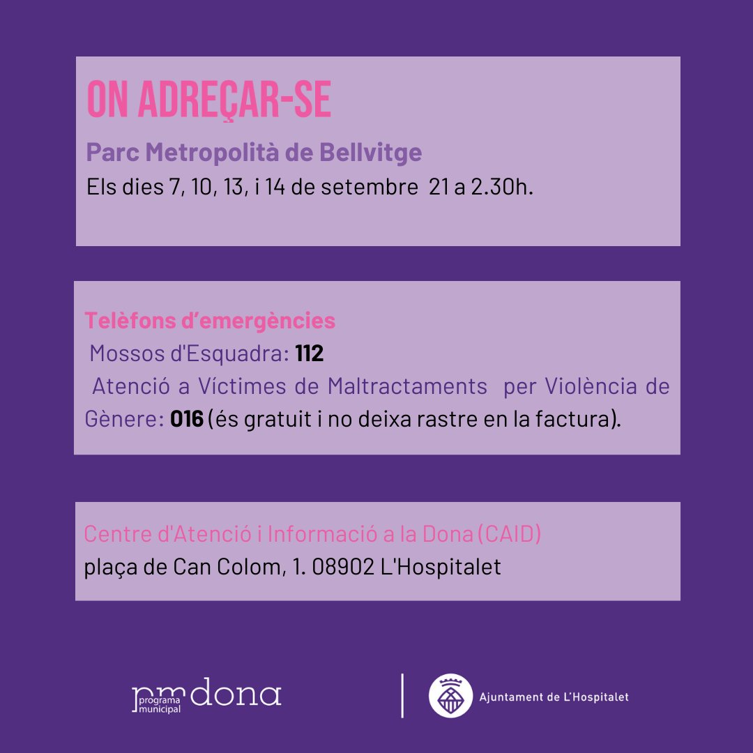 LHAjuntament's tweet photo. 🎉Dissabte arrenca la 𝐅𝐞𝐬𝐭𝐚 𝐌𝐚𝐣𝐨𝐫 𝐝𝐞 𝐁𝐞𝐥𝐥𝐯𝐢𝐭𝐠𝐞❗️ 

🟪Per prevenir possibles abusos i atendre les persones que puguin haver patit una agressió, s'instal·larà un 𝐏𝐮𝐧𝐭 𝐋𝐢𝐥𝐚 al Parc Metropolità de Bellvitge.

🟪#LHospitalet contra les agressions sexistes. https://t.co/RN0OvV8vfn