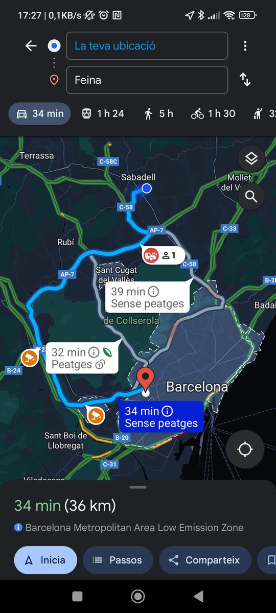 marcdabad's tweet photo. @Terra_Futur @oslosi1 Aixo quan funciona a la R2.
Et parla de valles Occidental i et puc ser molt específic: de Sabadell a Zona Universitaria en cotxe es de 30 a 45min depenen del trànsit. En Transport Públic entre 1h15 i 1h30 depenen d'on vagis de Sabadell.
Exemple a sota de casa a la feina. https://t.co/WCcv6pFVvy
