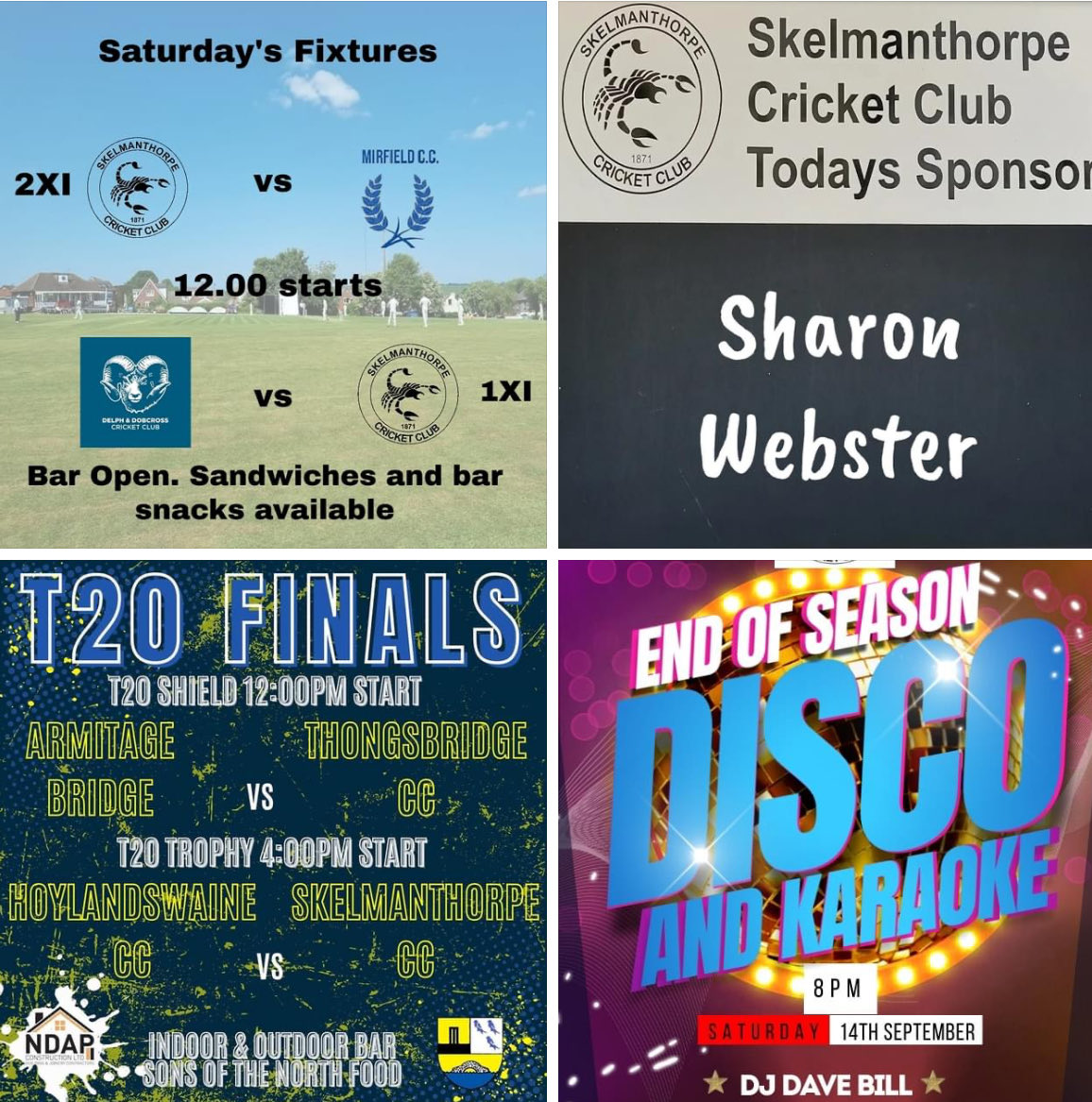 This weekend fixtures 🤞🏏
Thanks to ball sponsor Sharon Webster  
T20 final is Sunday at Armitage Bridge. 
Also date for diary. Disco and Karoke last game of season.