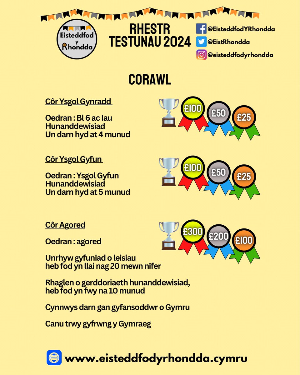 📣 Cyhoeddu rhestr testynnau
Eisteddfod Y Rhondda 2024! 

Eisteddfod: 16/11/2024
Cau cofrestru: 25/10/2024

COFIWCH: Does dim cost i gystadlu na chefnogi…. Ymunwch â ni - mae croeso i bawb.😁

📍Capel Hermon - Treorci, CF42 6PW

eisteddfodyrhondda.cymru