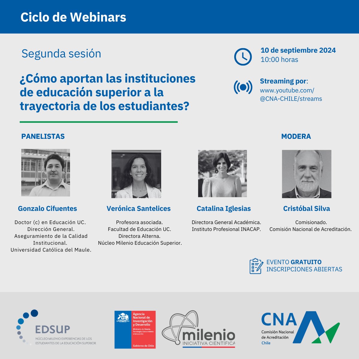Núcleo Milenio Educación Superior (@milenio_edsup) on Twitter photo Segunda sesión Ciclo de Webinars organizado por la CNA y Núcleo Milenio Experiencia EDSUP:
¿Cómo aportan las instituciones de educación superior a la trayectoria de los estudiantes?
Martes 10 de septiembre
10:00 am⏰
#centrosanid <a href="/CentrosAnid/">Centros ANID</a>
Inscripciones en bio. Segunda sesión Ciclo de Webinars organizado por la CNA y Núcleo Milenio Experiencia EDSUP:
¿Cómo aportan las instituciones de educación superior a la trayectoria de los estudiantes?
Martes 10 de septiembre
10:00 am⏰
#centrosanid <a href="/CentrosAnid/">Centros ANID</a>
Inscripciones en bio.