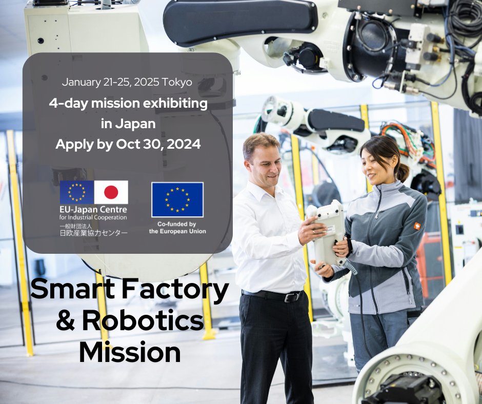 🤗Do not forget to apply to our Smart Factory and Robotics Mission! If you are an #EU #SME specialized in #AI #robotics or #smartfactory 🤖wanting to promote in Japan, apply by 30 Oct and join Factory Innovation Week!  #smart #expo #EUJapan 🇪🇺🇯🇵

🔍eu-japan.eu/events/smartfa…