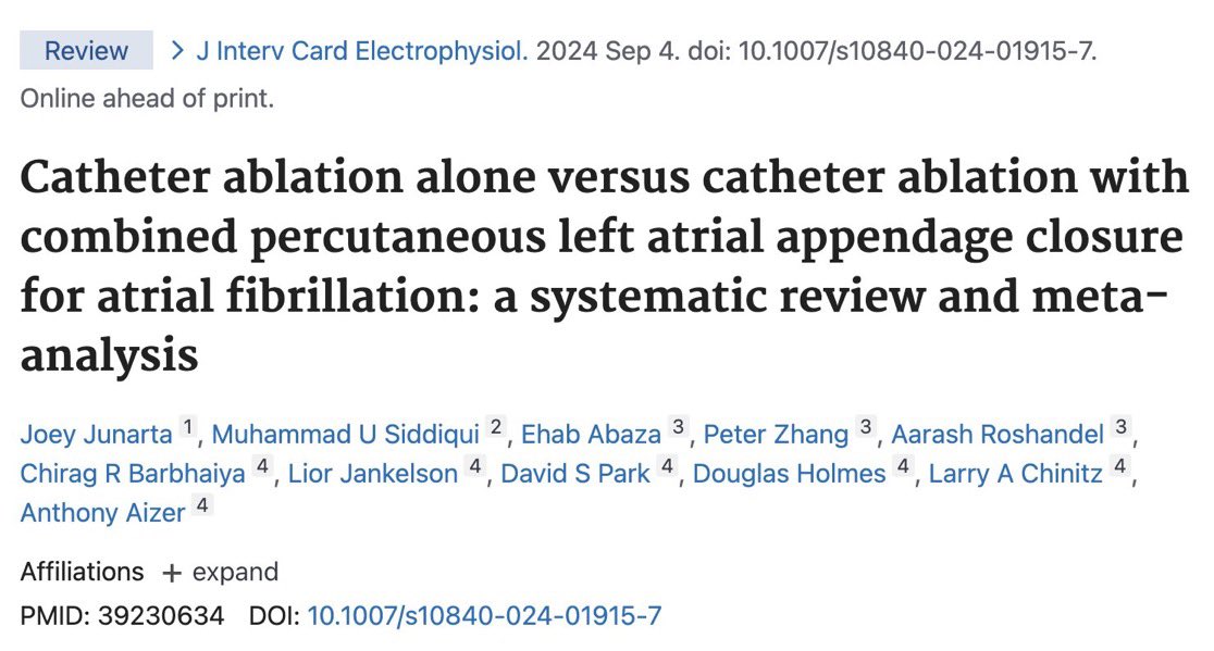 Joey Junarta (@junartamd) on Twitter photo Hot off the press! Our meta-analysis compared ablation + appendage closure vs ablation alone in patients with AF at moderate to high risk for bleeding (pubmed.ncbi.nlm.nih.gov/39230634/)
Grateful for the mentorship from <a href="/nyulangone/">NYU Langone Health</a> EP! 🙏<a href="/CRB_EP/">Chirag Barbhaiya</a> <a href="/ExtraStim/">Lior Jankelson</a> <a href="/DavidParkLab1/">David Park Lab</a> <a href="/LarryChinitz/">LARRY CHINITZ</a> Hot off the press! Our meta-analysis compared ablation + appendage closure vs ablation alone in patients with AF at moderate to high risk for bleeding (pubmed.ncbi.nlm.nih.gov/39230634/)
Grateful for the mentorship from <a href="/nyulangone/">NYU Langone Health</a> EP! 🙏<a href="/CRB_EP/">Chirag Barbhaiya</a> <a href="/ExtraStim/">Lior Jankelson</a> <a href="/DavidParkLab1/">David Park Lab</a> <a href="/LarryChinitz/">LARRY CHINITZ</a>