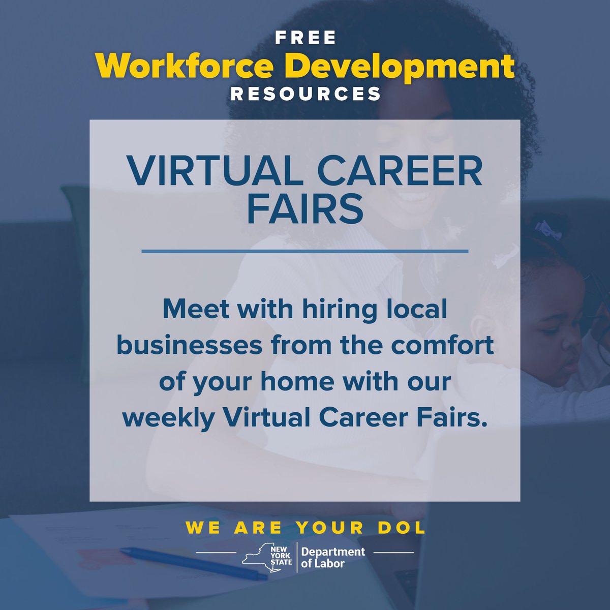 NYSLabor's tweet image. FACT: NYSDOL hosts virtual career fairs every week! These fairs allow job seekers to meet with hiring businesses and explore opportunities all from the comfort of their homes. What are you waiting for? Sign up for one this #WorkforceDevelopmentMonth: on.ny.gov/careercalendar
