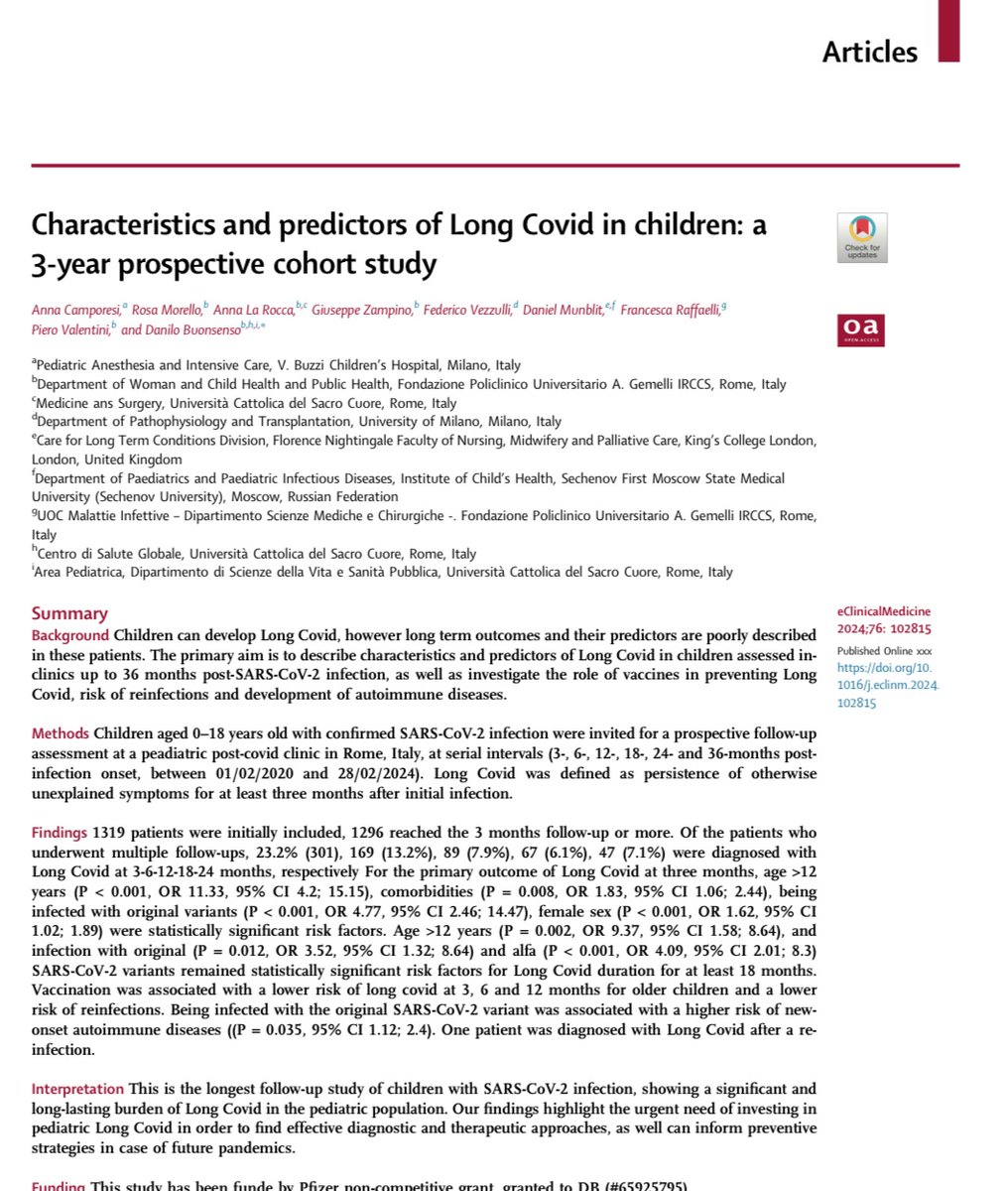 surf4children's tweet image. Our latest study on 24 to 36 months followup of children with Covid is now out on @lancet eclinical medicine.
Several important info on long term impact of Long Covid, reinfections, autoimmunity development, vaccination

Your article link:
authors.elsevier.com/sd/article/S25…