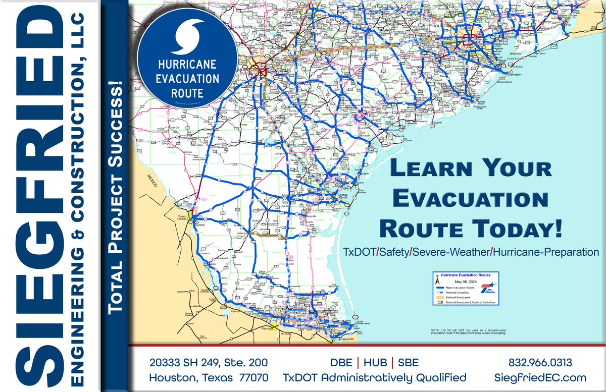 Siegfried_EC's tweet photo. It’s no coincidence that #NationalPreparednessMonth runs through September each year. We’re in peak #HurricaneSeason, so #SiegfriedEngineering & Construction encourages everyone to learn your evacuation route out of the storm at TxDOT/Safety/Severe-Weather/Hurricane-Preparation. https://t.co/zWwJsAH0zm