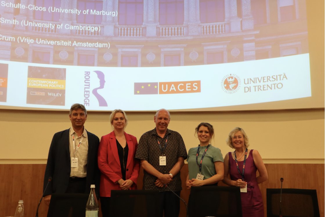 HassingNielsen's tweet photo. 🌍 Just wrapped up a fantastic UACES conference in Trento! 🇮🇹 

It was an honor to participate in an excellent panel discussion with Prof. Julie Smith, Assistant Professor Julia Schulte-Cloos and Prof. Ben Crum on the outcomes of the 2024 European Parliament Election. Thanks to Emanuele Massetti for organising and moderating 🙏 

Here are three key takeaways from our discussions: 

1️⃣ The Grand Coalition still stands. The European People's Party (EPP), The Socialists and Democrats (S&D) and Renew Europe (RE) still form a robust centre in the EP. Yet, its power has weakened, and that will provide for a more volatile Parliament. 

2️⃣ The EPP ensures domination in key EU institutions. While the party increased its seats in the European Parliament, its power is furthermore bolstered by a significant presence in the European Council, consisting of a large proportion of EPP Prime Ministers, as well as the EPP also houses Ursula von der Leyen as the President-designate of the European Commission. 

3️⃣ The Radical Right has indeed made progress (as predicted). Yet, the parties in the block remain fragmented and heterogeneous, raising questions about the right wing parties' ability to unite and form a cohesive force in the European Parliament. 

And there were many more great points raised and discussed.... 

Thank you to all the co-panelists, participants, and organisers for such a stimulating discussion 🙏 🇮🇹 

 #EuropeanParliament #Elections2024 
#uaces2024  
@jschultecloos @UACES @emassett1