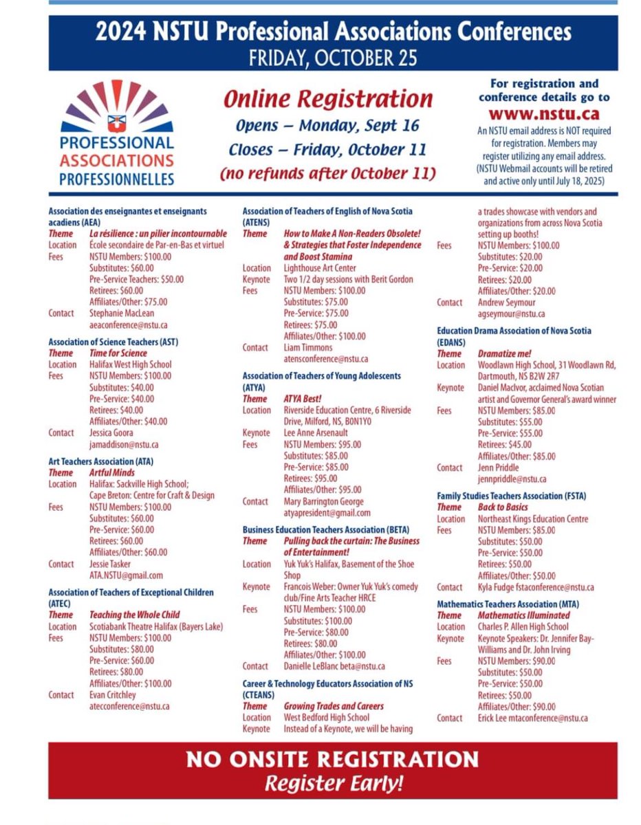 Attention members: Registration for PA conferences opens Monday, September 16, 2024 around noon. You do not require NSTU email to register for conference. Our PA, teacher volunteers and the team here at NSTU headquarters are making sure everything is ready for that day!