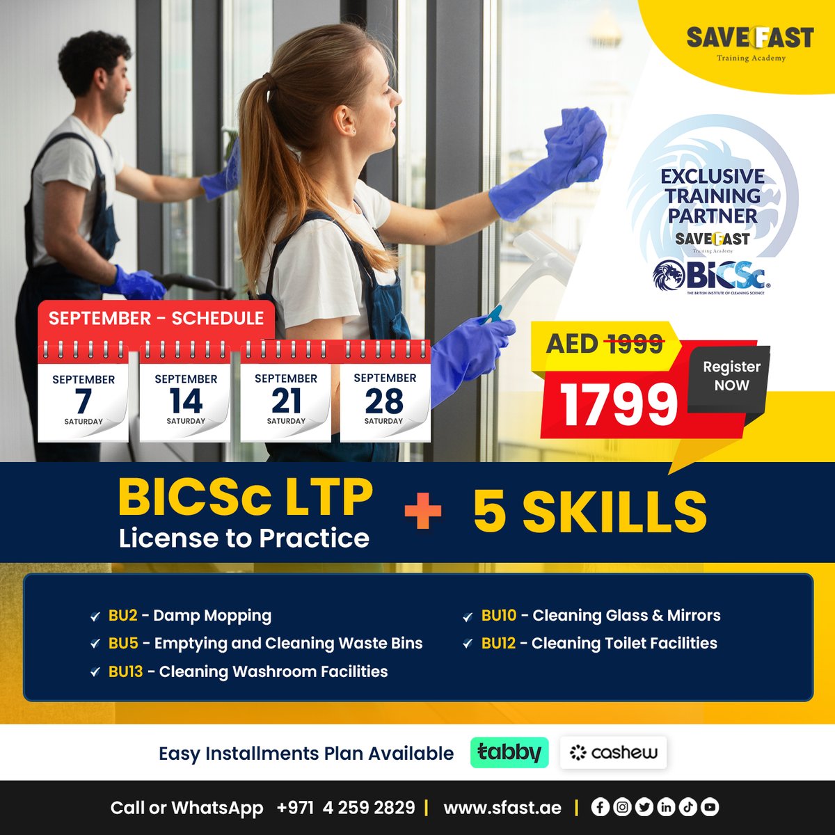 save_fast's tweet image. Elevate your cleaning career with BICSc LTP + 5 Skills Training for AED 1799! Earn internationally recognized credentials from BICS UK and enjoy flexible weekend and evening sessions.

Call or WhatsApp +971 4 259 2829
Visit sfast.ae/courses/bicsc-….

#bicsc #cleaningcourse