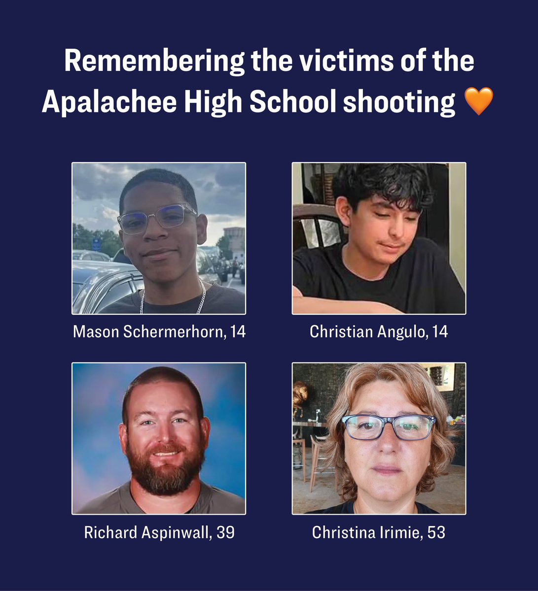 Remember their names.

These are the students and teachers killed yesterday in the shooting at Apalachee High School in Georgia.