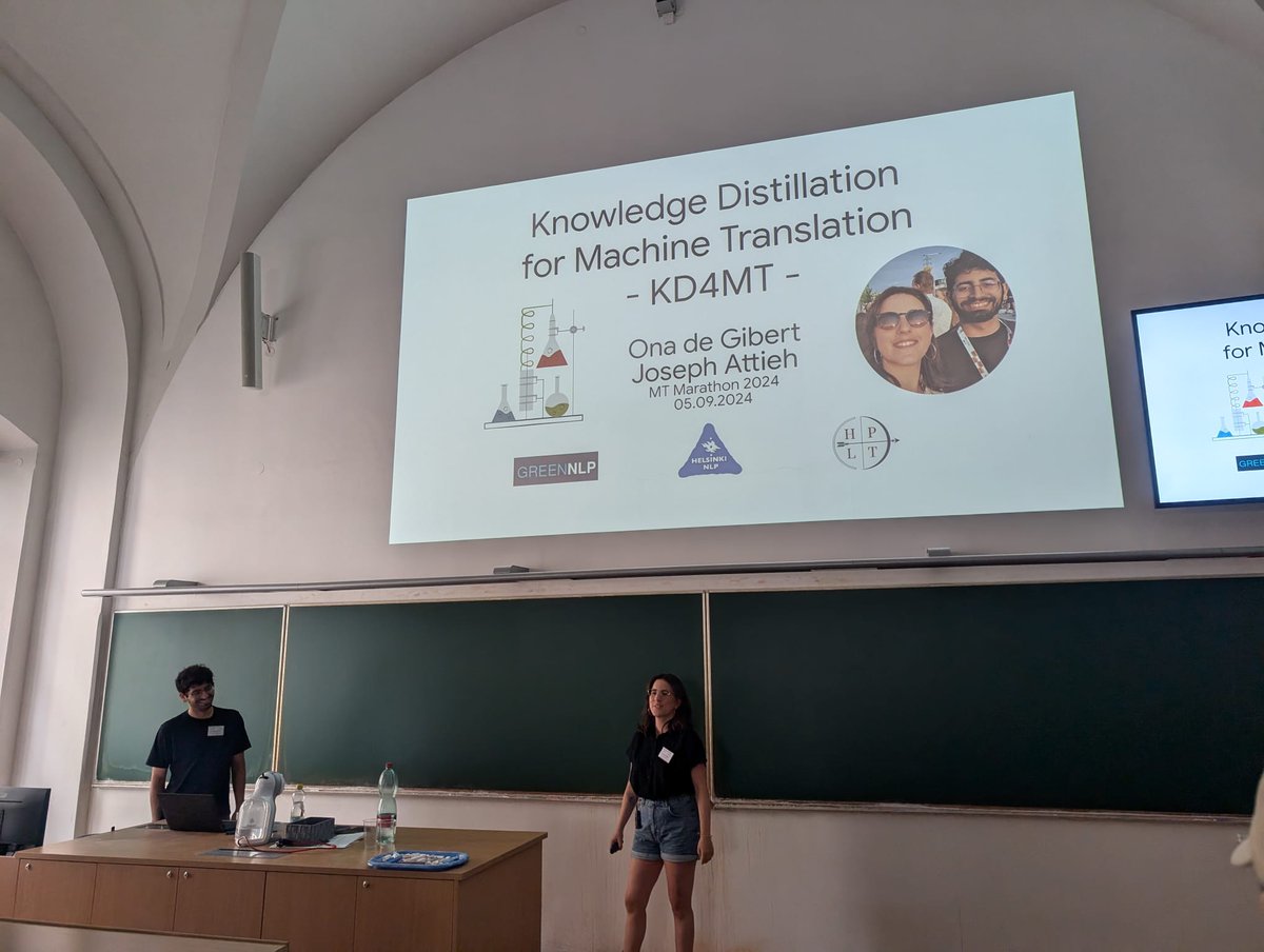 Ona de Gibert (@onadegibert) on Twitter photo Today <a href="/josephnlp/">Joseph Attieh</a> and I presented KD4MT in the MT Marathon in Prague organized by <a href="/ufal_cuni/">Institute of Formal and Applied Linguistics</a>, one of my favourite events of the year!
<a href="/HelsinkiNLP/">Helsinki-NLP</a> <a href="/hplt_eu/">HPLT</a> Today <a href="/josephnlp/">Joseph Attieh</a> and I presented KD4MT in the MT Marathon in Prague organized by <a href="/ufal_cuni/">Institute of Formal and Applied Linguistics</a>, one of my favourite events of the year!
<a href="/HelsinkiNLP/">Helsinki-NLP</a> <a href="/hplt_eu/">HPLT</a>