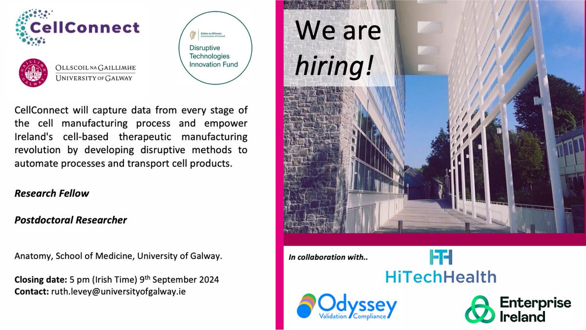 Ruth Levey (@ruth_levey) on Twitter photo We're hiring a Postdoc and Research Fellow on our DTIF funded CellConnect project <a href="/uniofgalway/">Ollscoil na Gaillimhe | University of Galway</a>
tinyurl.com/1xPostdocResea…
tinyurl.com/1xResearchFell…
Applications open until Sept 9th. Informal enquiries are welcome. Join our great group! Retweets welcome. <a href="/GalwayCMNHS/">University of Galway CMNHS</a>
<a href="/gduffy00/">Garry P. Duffy</a> We're hiring a Postdoc and Research Fellow on our DTIF funded CellConnect project <a href="/uniofgalway/">Ollscoil na Gaillimhe | University of Galway</a>
tinyurl.com/1xPostdocResea…
tinyurl.com/1xResearchFell…
Applications open until Sept 9th. Informal enquiries are welcome. Join our great group! Retweets welcome. <a href="/GalwayCMNHS/">University of Galway CMNHS</a>
<a href="/gduffy00/">Garry P. Duffy</a>