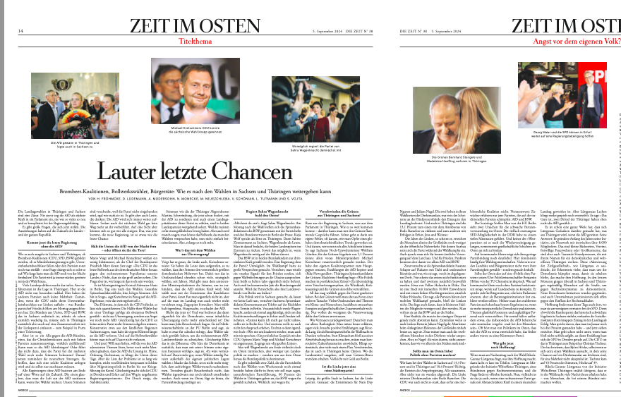 Die ZEIT im Osten zur Wahl. Mit dem Versuch einer Antwort auf Fragen, die sich nun viele stellen: Kommt jetzt die letzte Regierung ohne die AfD? War’s das mit dem Wählen  aus Überzeugung? Regiert Sahra Wagenknecht  bald den Osten? Was gibt Hoffnung?

👉t1p.de/bgubr