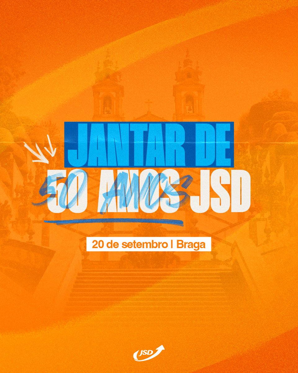 🙌🏼 No próximo dia 20 de setembro, a JSD celebra meio século de história! Vamos reunir-nos em Braga para uma noite de convívio e partilha, onde recordaremos as nossas conquistas e discutiremos o futuro com ambição.

📍 Local: Braga
⌛ Data: 20 de setembro

#JSD #PSD #50anosJSD