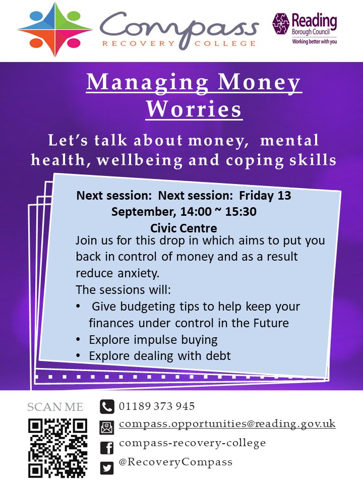 RecoveryCompass's tweet image. worried about money? drop in to our money and mental health session Friday 13th 2pm - 3:30pm,  Reading civic offices 
No need to register