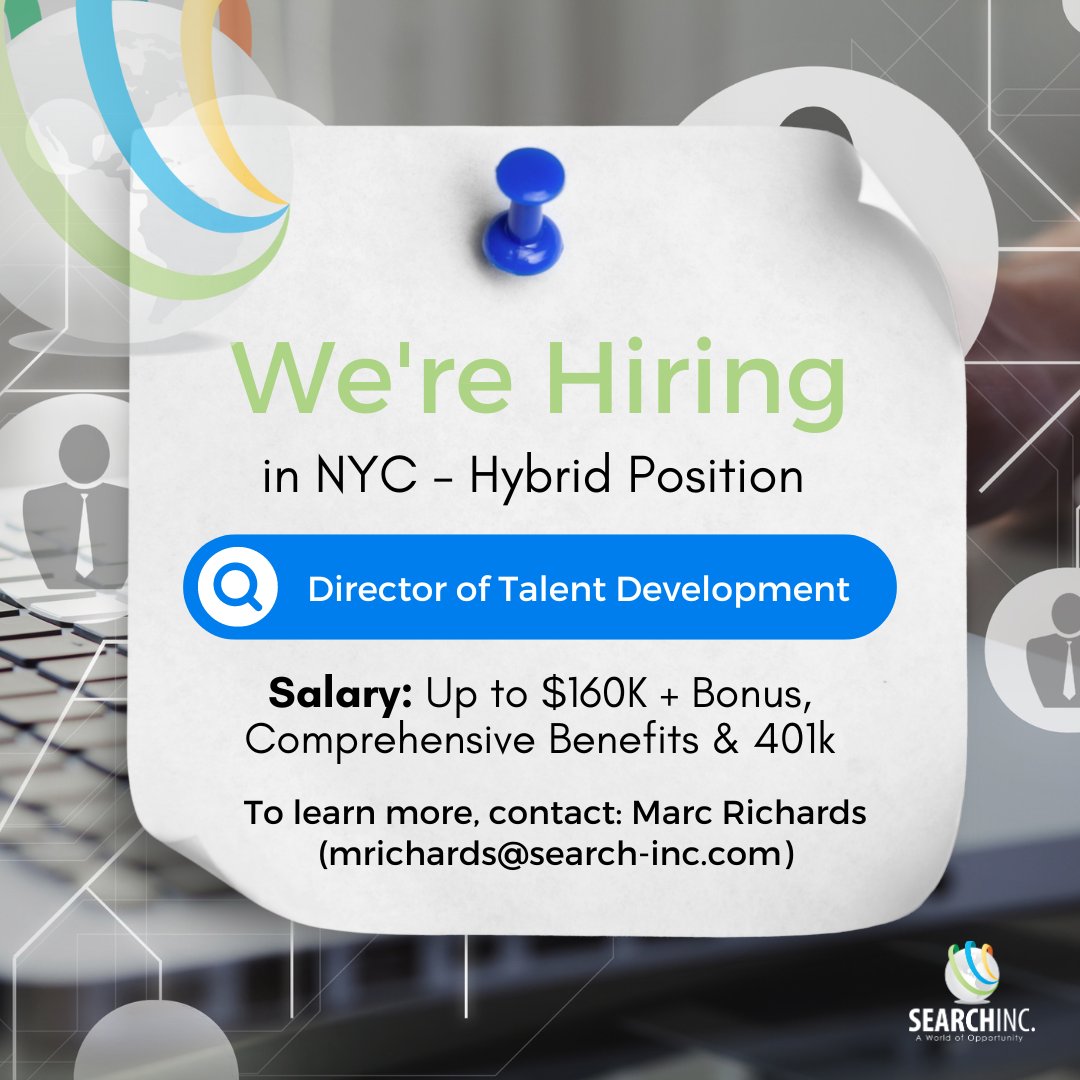 Now Hiring: Director of Talent Development (NYC/Hybrid) 
Lead leadership &amp; talent development strategies for a growing consulting firm. Salary up to $160K + bonus, benefits &amp; 401k.
 
📧 Contact: Marc Richards (mrichards@search-inc.com)
 
#TalentDevelopment #NYCJobs #Hiring