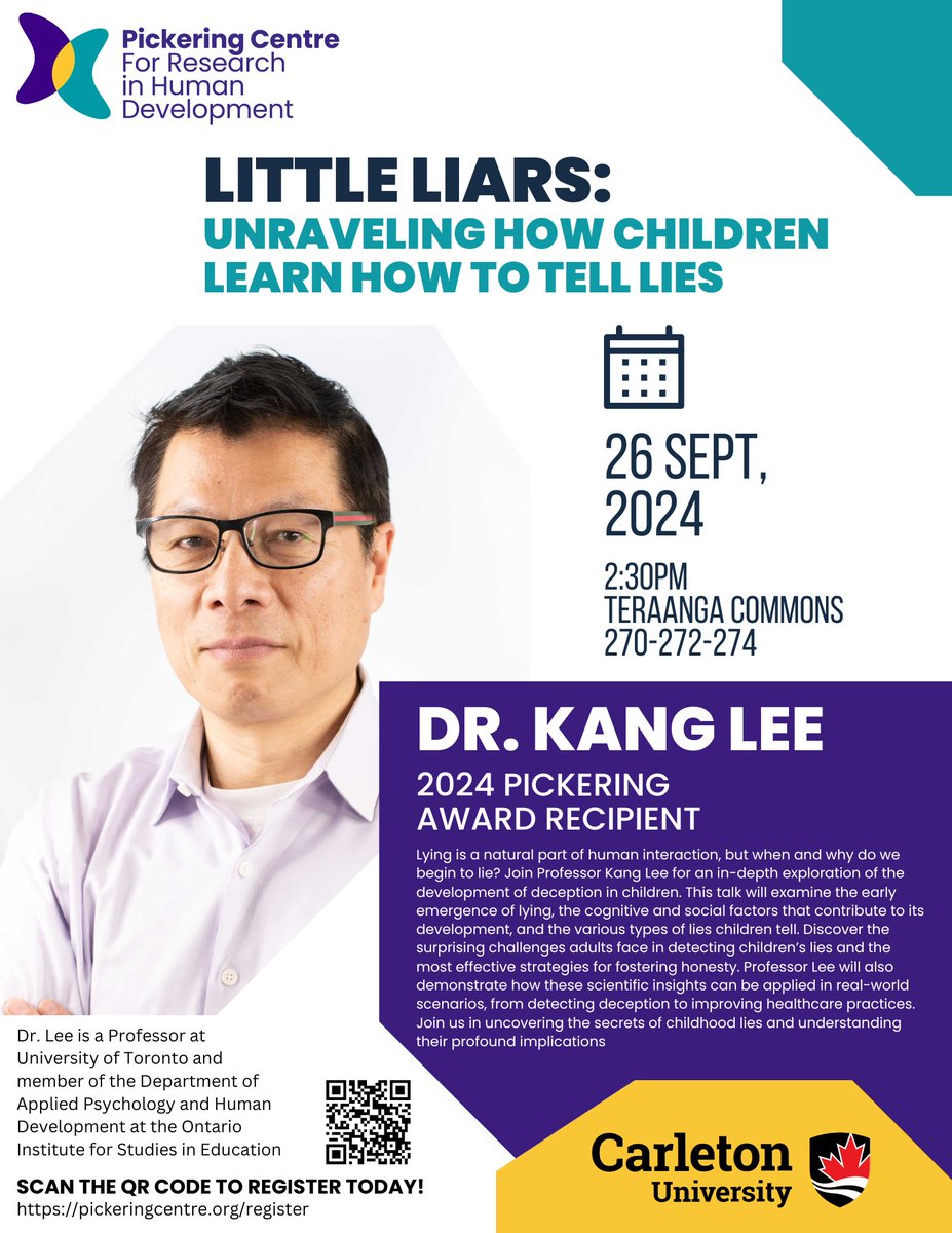 On September 26 at 2:30 in Teraanga Commons, 270-272-274 join the Pickering Public Lecture! Dr. Kang Lee will be presented the 2024 Pickering Award for Outstanding Contribution to Developmental Psychology in Canada. Dr. Lee will present on the development of deception in children