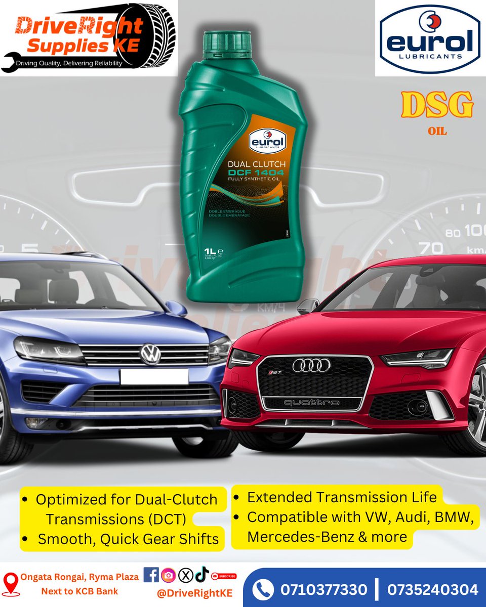 DriveRightKE's tweet photo. Eurol DCTF 1404! Engineered for smooth and quick gear shifts in dual-clutch transmissions. Ensure the longevity and performance of your transmission with premium fluid. Available now at DriveRightKE! 🚗💨 #EurolDCTF1404 #SmoothShifting #PerformanceDrive #DriveRightKE #DSGoil https://t.co/CREvDigbDg