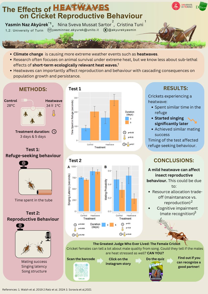 Do heatwaves affect cricket males’ reproductive quality? Can females tell from the pre-mating display? How? 

Can YOU recognize which song belongs to the heatwaved cricket??

#SIE2024