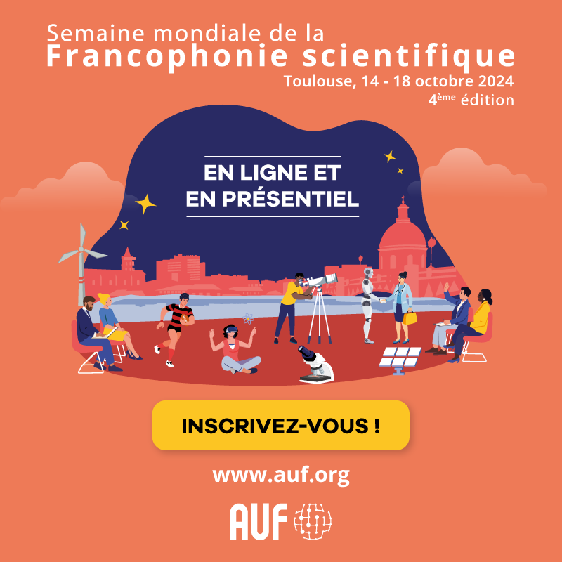 auf_org's tweet photo. [#SMFS2024]
📅 L’AUF organise la 4ème édition de la Semaine mondiale de la Francophonie scientifique !
📍 Du 14 au 18/10/2024 à Toulouse (France) au Centre de Congrès Pierre Baudis.
👉 Inscrivez-vous pour suivre cet événement en ligne ou en présentiel : https://t.co/DAHSJK1Cbg https://t.co/KnLrzcdt2v