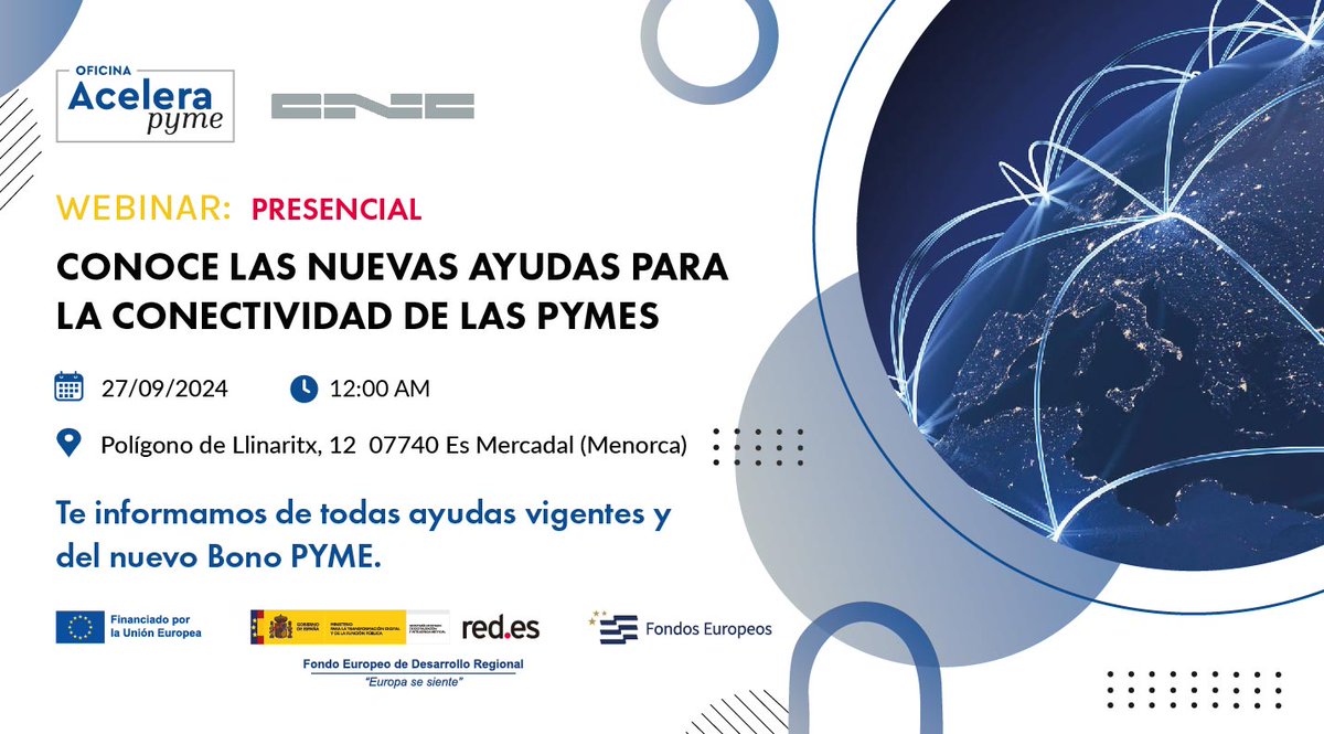 Nueva jornada informativa de la mano de OAP CNC el 27 de septiembre a las 12:00h. ℹ️
Repasaremos todas las ayudas vigentes y el nuevo programa BONO PYME, dotado con 3.000 euros para la conectividad de pymes y autónomos. 🛜📶

Regístrate ya en ➡️ events.teams.microsoft.com/event/198999fa…