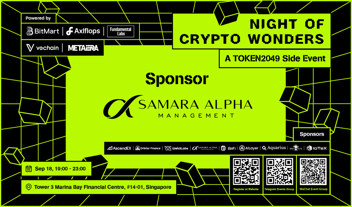 MetaEra (@metaerahk) on Twitter photo 🤝 Delighted to reveal that <a href="/SamaraAlpha/">Samara Alpha Management</a> is sponsoring the "Night of Crypto Wonders" at #TOKEN2049 Singapore!
🌍 #Samara Alpha Management is an institutional-grade digital asset management and seeding platform offering sophisticated investors access to alternative sources of 🤝 Delighted to reveal that <a href="/SamaraAlpha/">Samara Alpha Management</a> is sponsoring the "Night of Crypto Wonders" at #TOKEN2049 Singapore!
🌍 #Samara Alpha Management is an institutional-grade digital asset management and seeding platform offering sophisticated investors access to alternative sources of