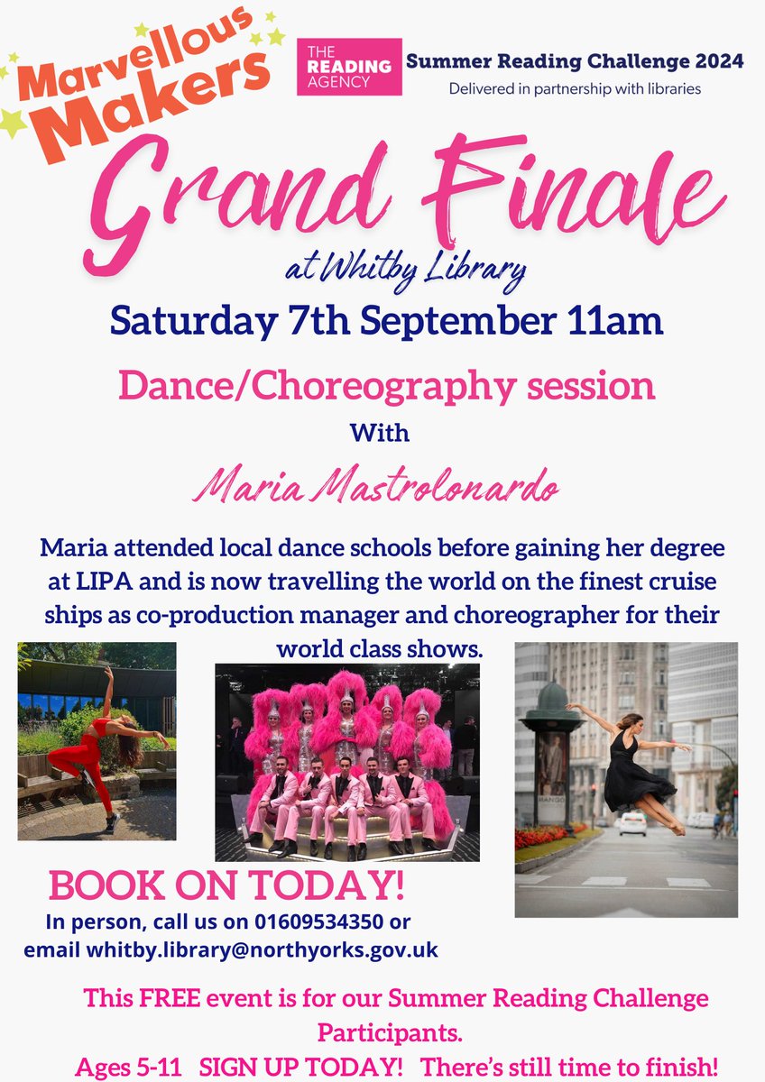 Only two days left to complete the Summer Reading Challenge so keep reading &amp; make sure you come down to collect your last stickers &amp; medal. Why not celebrate with us in our Grand Finale dance session with Choreographer Maria Mastrolonardo on Saturday 7th September as well!