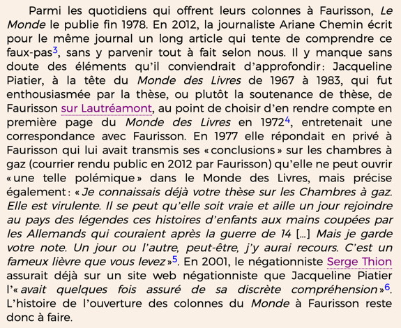mxhou's tweet image. Y a un truc que je trouve fascinant. 

Ça fait un moment que les relations ambiguës (je suis gentil) de la Grande Prêtresse des Lettres au Monde des Livres (de 1967 à 1983), Jacqueline Piatier, avec les négationnistes sont connues.

Et tout le monde s'en fout. Surtout au Monde...