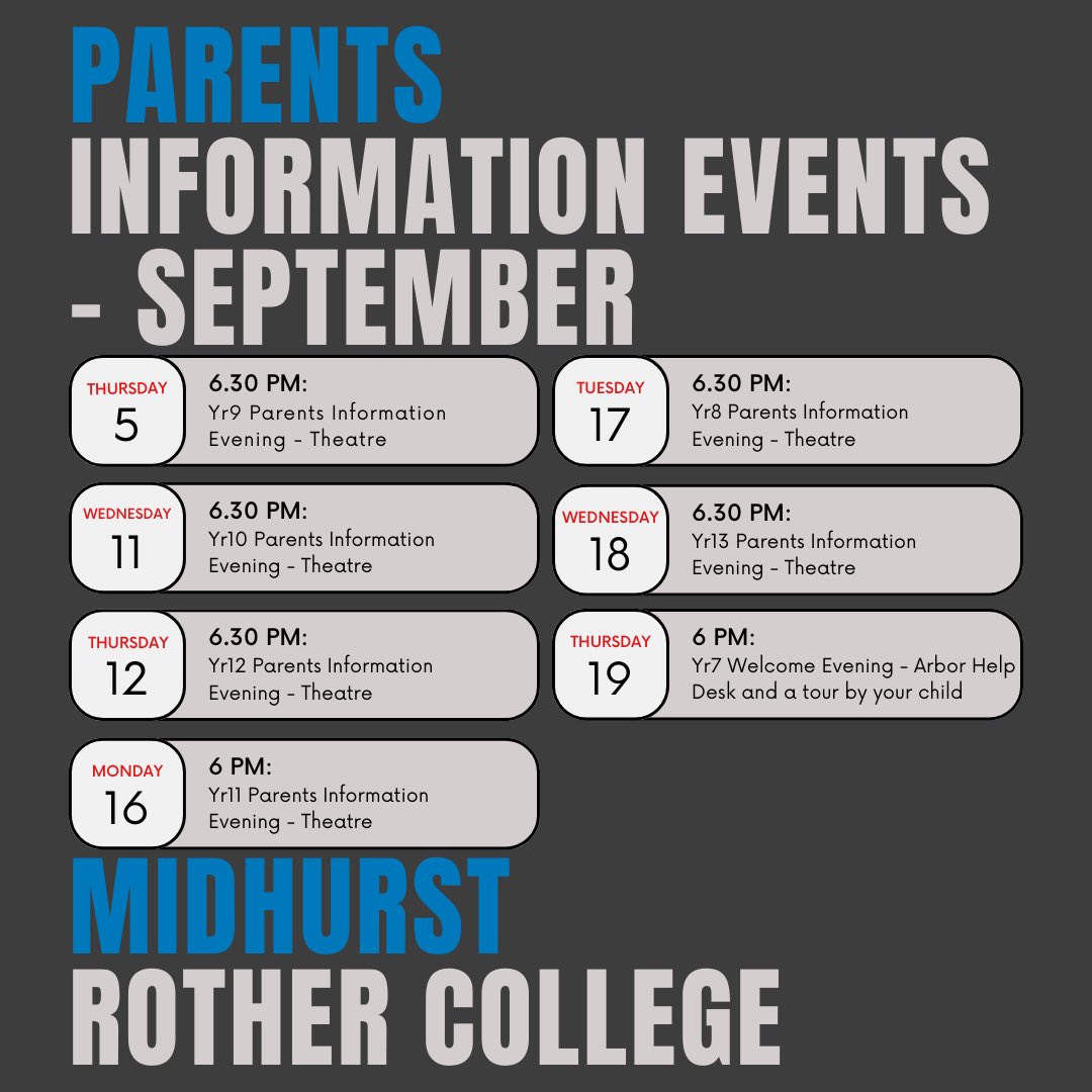Welcome back to a new term and to all our new Year 7 students, parents/carers who have joined us.

Please make a note of the date and time for the Parents Information Evening/Welcome Evening for your child’s year group coming up this month. 

Thank you.
