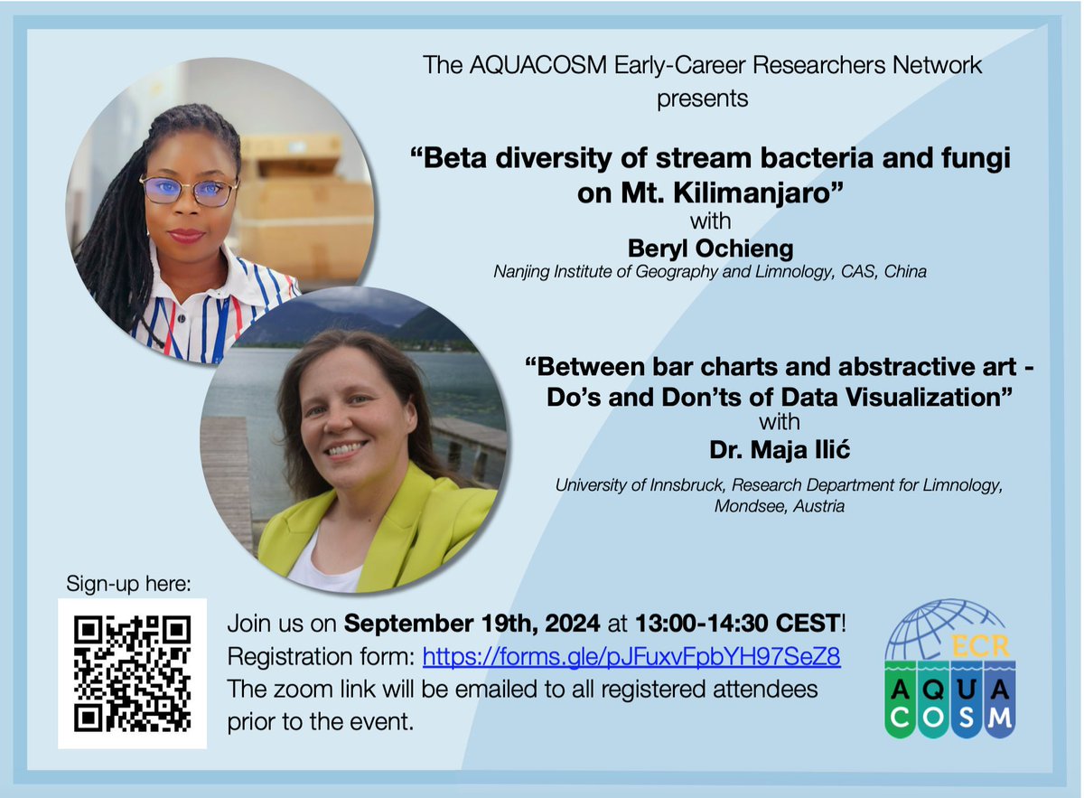 We will host an event with two of our members on 19.09. from 13:00-14:30 CEST.
Beryl Ochieng will talk about Beta diversity of stream bacteria and fungi on Mt. Kilimanjaro and
Dr. Maja Ilić will give us the Do’s and Don'ts of Data Visualization. 
Sign up: tinyurl.com/fds7589j