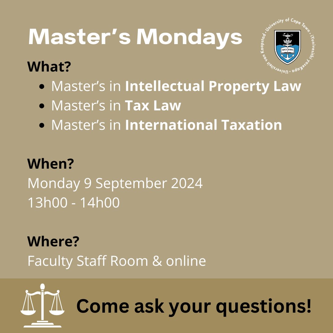 Thinking of Master's in Law for 2025? Our next #SpecialisationSession for MASTER’S MONDAY is on Intellectual Property Law, Tax Law and International Taxation.
When: Mon 9 Sept
Time: 13h00 – 14h00
Where: Faculty Staff Room &amp; bit.ly/46liEJl
Come ask your questions!