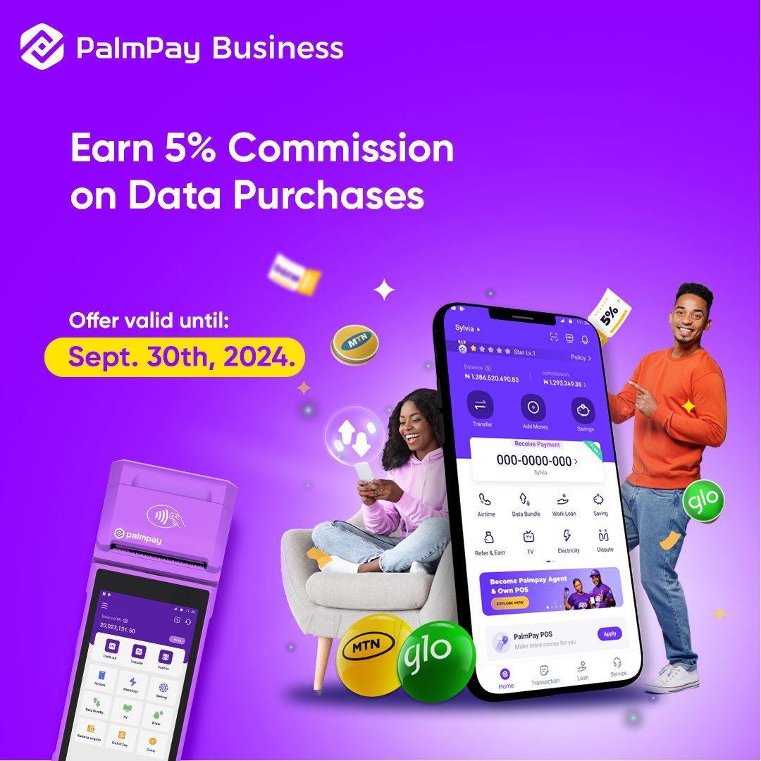 PalmPayBusiness's tweet photo. Maximize your earnings with PalmPay Business! 🎉 

Earn a 5% commission on every data purchase made through the PalmPay Business App or PalmPay POS. 

Don’t miss out—this exclusive offer is only valid until September 30th, 2024.
#PalmPayBusiness https://t.co/bqE4Fue3uE