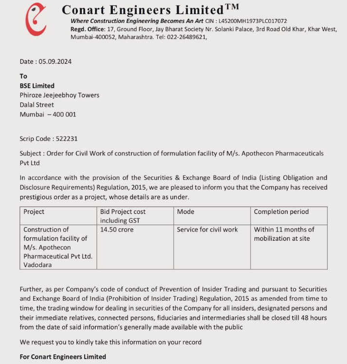 vluxeinvests's tweet photo. Conart Engineers Ltd receives an order for the construction of a formulation facility for Apotcheon Pharmaceuticals Pvt Ltd in Vadodara.

🔹The civil work contract is valued at ₹14.50 crore, to be completed within 11 months of mobilization.

#ConartEngineers #CivilConstruction #Pharmaceuticals #BusinessExpansion #Conart