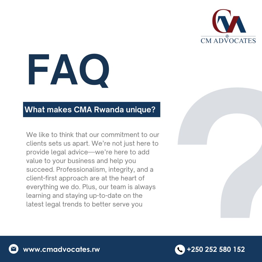 Get to know us better🤝🏾

What else were you curious about 🧐? Feel free to ask 👇🏾

#lawfirm #cmadvocatesrwanda
