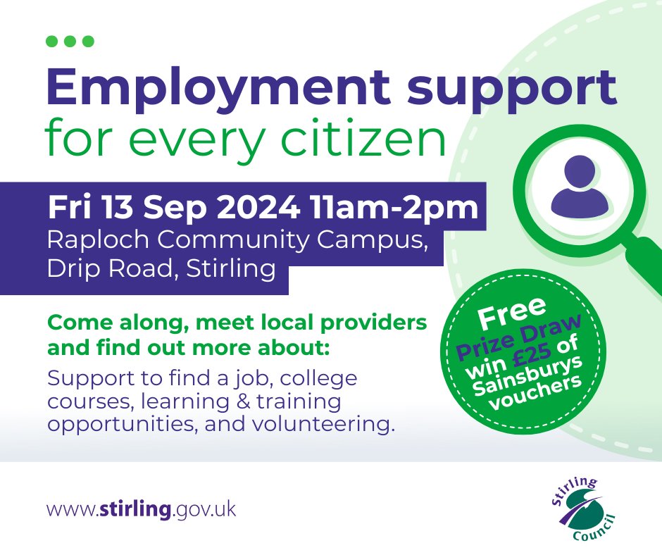 💬 Stirling Council's Employability Team &amp; local partners are holding an open day at Raploch Community Campus on Friday 13 Sept (11am-2pm) to mark UK Employability Day.

Come along for a chat about how we can support you on your journey back to work.

#EmpDay24 <a href="/StirLearnEmploy/">Learning and Employability - Stirling</a>