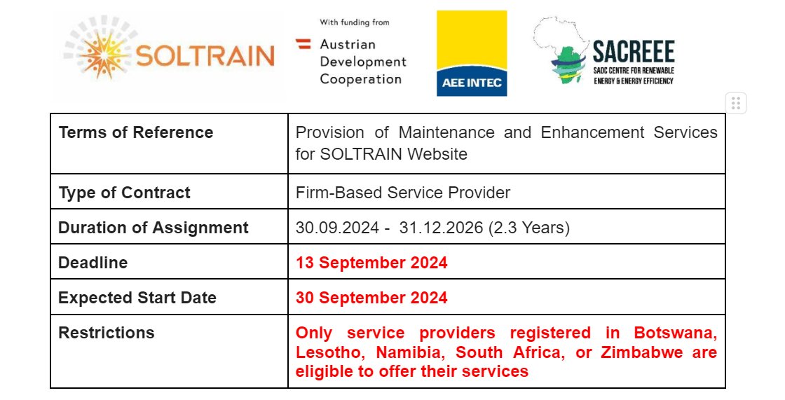 Call for Proposals: Provision of Maintenance and Enhancement Services for SOLTRAIN Website!!

Deadline: 13 September 2024, no later than 23:59 CAT‼
For more information visit: lnkd.in/d7nmkish