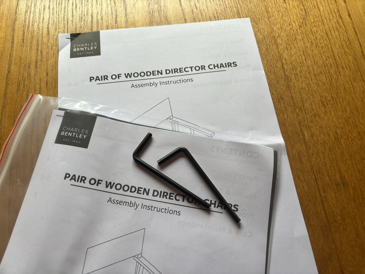 Two director chairs, clearly sold as a paid, <a href="/charlesbentley/">Charles Bentley</a> — and yet there are two sets of instructions in two plastic bags, and two Allen keys.