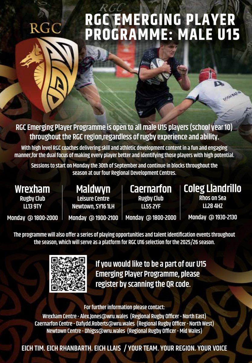 Cofrestru ar gyfer bechgyn D15 RGC nawr ar agor! Cofrestrwch trwy glicio ar y ddolen ganlynol neu sganio'r cod QR ar y poster.

Registration for RGC U15 (boys) now open! Register by clicking on the following link or scanning the QR code on the poster

docs.google.com/forms/d/e/1FAI…